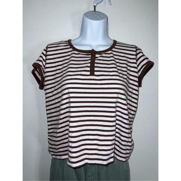 Vintage Striped Brown/White Hipster Tee Shirt LARGE - Picture 1 of 6